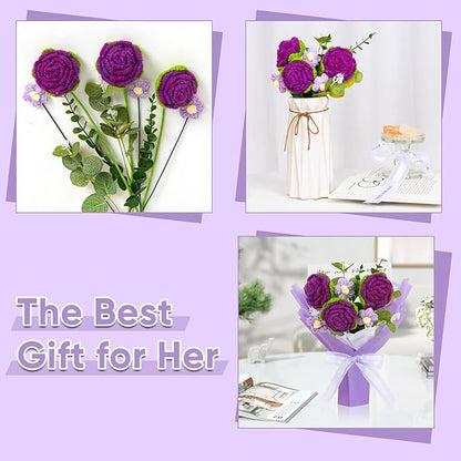 Handmade Rose Bouquet Crochet Flowers Bouquet Rose Knitted Flowers Present for Valentine's Day Wedding Graduation Anniversary Birthday(Medium-Dark Purple Rose)