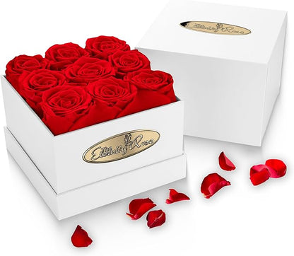 The Eternity Rose 9-Piece Preserved Roses in a Luxury Gift Box – Real Roses in Square White Box – A Valentine’s Gift as Everlasting as Your Love