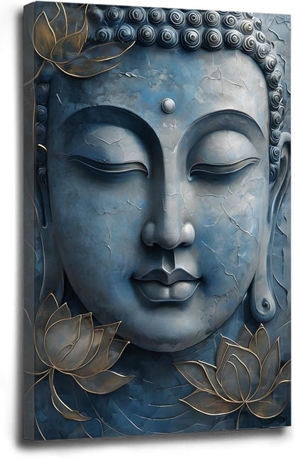 Canvas wall art Golden lotus crown Serene Buddha poster Ethereal blue toned art with delicate floral decor Zen wall art for a tranquil meditation space 16x24in Wood Framed