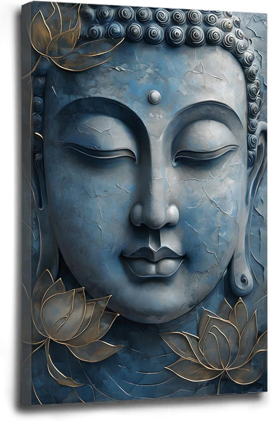 Canvas wall art Golden lotus crown Serene Buddha poster Ethereal blue toned art with delicate floral decor Zen wall art for a tranquil meditation space 8x12in Wood Framed