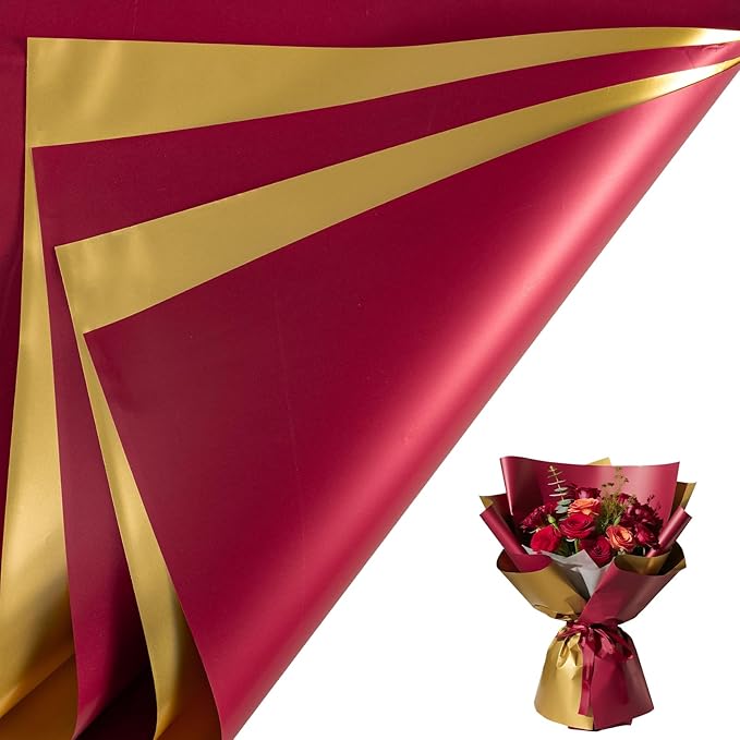 LeZakaa 20 Sheets Christmas Flower Wrapping Paper, Wine Red and Gold Design Waterproof Reversible Floral Bouquet Paper, for Valentines, Mothers Day, Party, Birthday, Wedding, Baby Shower