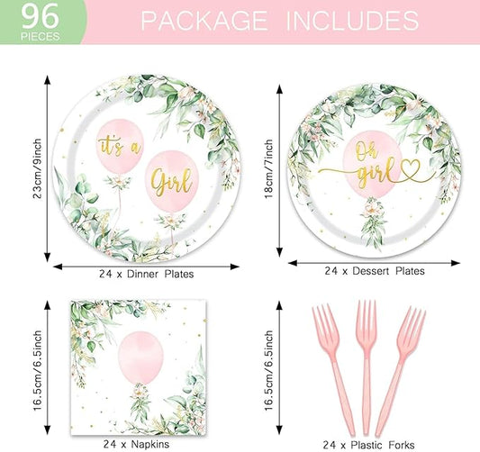 96Pcs Oh Girl Watercolor Pink Balloon Party Supplies Greenery Girls Baby Shower Party Plates Napkins Tableware Botanical Eucalyptus Baby Shower Party Favor