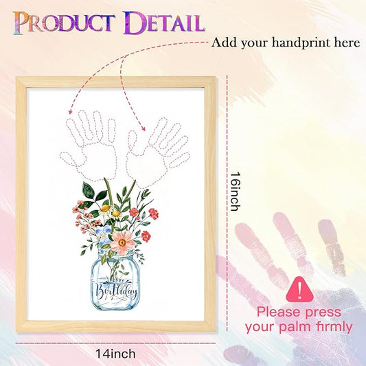 DIY Birthday Gifts for Grandma and Mom Flower Bouquet Handprint Craft Kit, Unique Gifts for Grandma Mom Mimi Nana, Thanksgiving 12" x 16", 2 Art Papers, Wood Frame