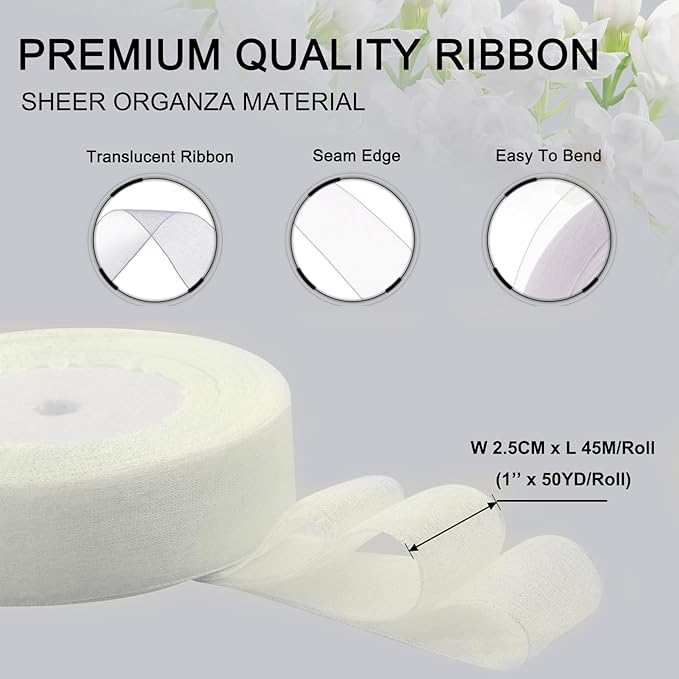 White Ribbon for Gifts Wrapping, 1 inch 50Yard Sheer Organza Ribbon, Gift Wrap Chiffon Fabric Ribbons for Flower Bouquet, Christmas, Mothers Day, Wedding, Crafts, Party Decoration