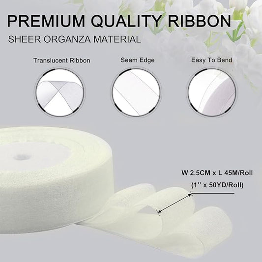 White Ribbon for Gifts Wrapping, 1 inch 50Yard Sheer Organza Ribbon, Gift Wrap Chiffon Fabric Ribbons for Flower Bouquet, Christmas, Mothers Day, Wedding, Crafts, Party Decoration