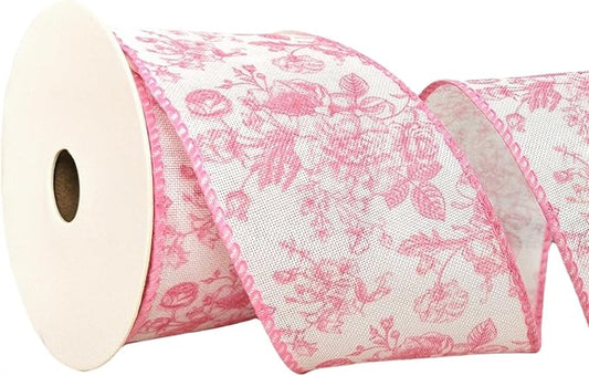 Pink Floral Wired Ribbon 2.5 Inch Chinoiserie Vintage Flower Decorative Fabric White and Pink Ribbon for Bow Wreath DIY Crafts, 15 Yards