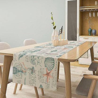 Starfish Table Runner,Seashells Beach Coastal Nautical Sailboat Jellyfish Vintage Hand Drawn Burlap for Hotel Indoors Outdoor Dining Room Kitchen Table Decor, 13x36in