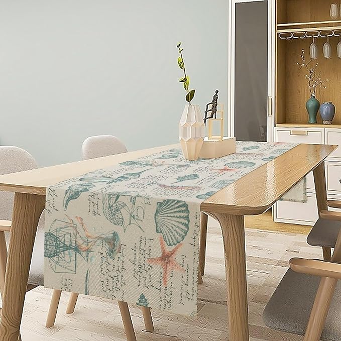 Starfish Table Runner,Seashells Beach Coastal Nautical Sailboat Jellyfish Vintage Hand Drawn Burlap for Hotel Indoors Outdoor Dining Room Kitchen Table Decor, 13x70in
