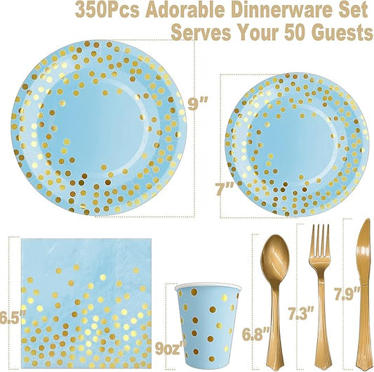 350PCS Blue and Gold Paper Plates Party Decorations Dinnerware Sets for 50 Guests Plastic Forks Knives Spoons, Golden Dot Blue Party Plates Napkins Cups for Birthday Baby Shower Wedding New Year