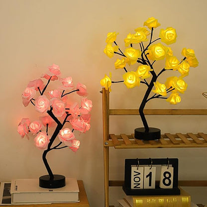 Drawelry Rose Flower Tree Lamp - LED Rose Tree Table Lamp USB/Battery Powered Artificial Bonsai Flower Night Light for Bedroom Living Room Party Wedding Birthday Decor (Yellow)