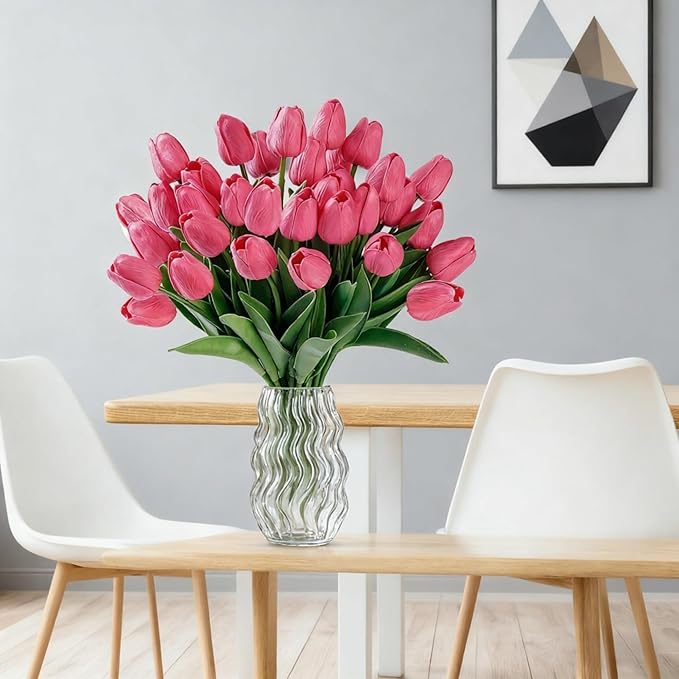 Pink Faux Tulips (20 Pcs) - Premium PU Artificial Flowers for Christmas & Thanksgiving Table Setting, Winter DIY Home Decor - 13.5" Real Touch