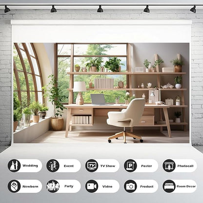 Office Backdrop for Video Conference Modern Business Home Office Work Place Background Indoor Green Plants Leaves Tranquil Work Environment for Live Video Zoom Calls Photo Portrait Prop 7x5ft