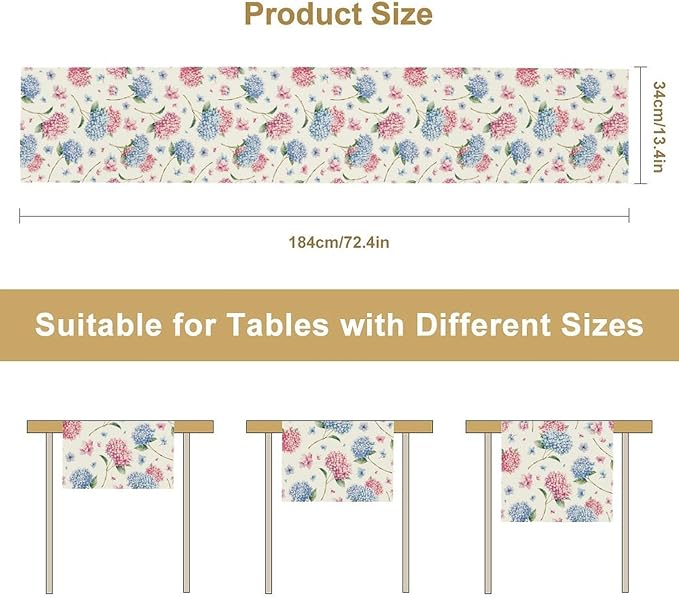 Hydrangea Table Runner, Spring Summer Watercolor Blue Floral Seasonal Country Farmhouse Coffee Table Center Decor for Home Kitchen Dining Patio Holiday Party Table Decorations 13x36 inches