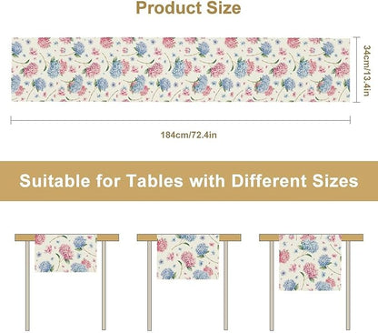 Hydrangea Table Runner, Spring Summer Watercolor Blue Floral Seasonal Country Farmhouse Coffee Table Center Decor for Home Kitchen Dining Patio Holiday Party Table Decorations 13x36 inches