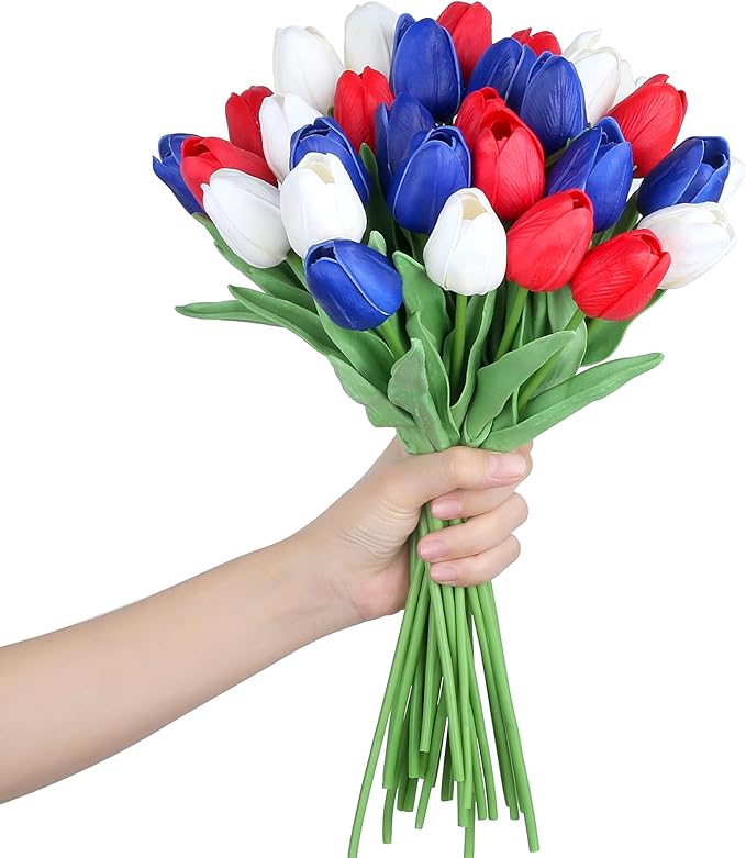 SITUMEIZI 15pcs 4th of July Flowers Tulips Fake Artificial Flowers Silk 14" Patriotc Flower for Independence Day Home Decor Kitchen Floral Arrangements Table Centerpieces(Mix,3)
