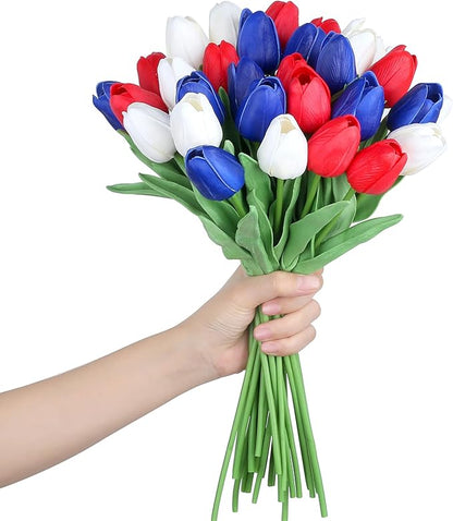 SITUMEIZI 15pcs 4th of July Flowers Tulips Fake Artificial Flowers Silk 14" Patriotc Flower for Independence Day Home Decor Kitchen Floral Arrangements Table Centerpieces(Mix,3)