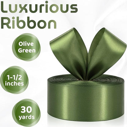30 Yards Olive Green Solid Satin Ribbon 1-1/2 Inch Polyester Fabric Ribbon for Gift Wrapping Wedding Christmas Birthday Party Decoration Baby Shower Handmade Flower Craft