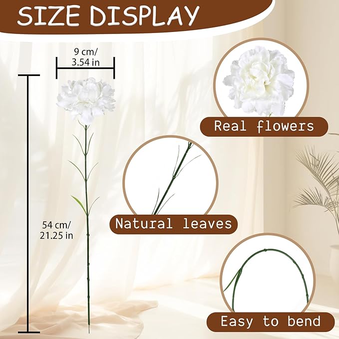 White Carnations Artificial Flowers 15PCS Carnations Flowers Silk Flowers 21.25in Fake Flowers for Wedding Home Table Centerpieces Floral Arrangements(White)