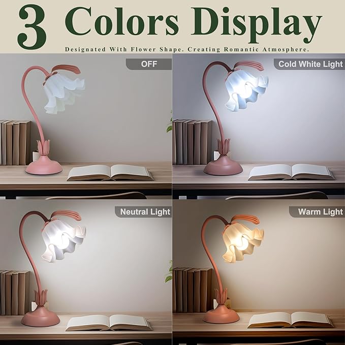 Flower Table Lamp, 3 Level Brightness Vintage Flower Reading Light with E26 Bulb, Cute Desk Lamp Bedside Lamps Lily Lamps for Nightstands Living Room Bedroom Ambient Lighting Home Decor
