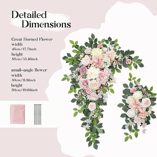 Wedding Arch Flowers Kit,Artificial Flower Arch Decor (Set of 3),2pcs Artificial Flower Arrangement with 1pc Sheer Drape for Wedding Decor Reception Backdrop Floral Decorations (Light Pink)