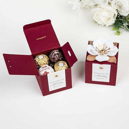 FEIYI 20 PCS Candy Boxes, 3 In 1 Burgundy Favor Boxes with Floral Decor, White Thank You Tags Gift wrapping for Wedding Birthday Baby Shower Decorations Party -2.55x2.55x2.55''