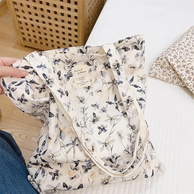 Cotton Canvas Tote Bag Reusable Soft Grocery Cloth Bag Floral Shoulder Bag for Beach Travel Shopping