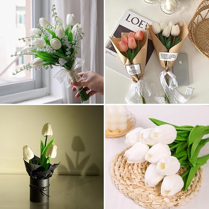 18pcs Artificial Tulips 13" PU Artificial Flowers for Family Friends Gifts DIY Flower Arrangement Home Kitchen Office Party Wedding Dining Table Decoration, White