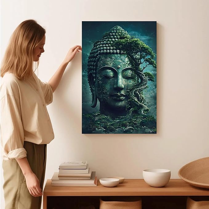 Buddha statue wall art canvas wall decor aesthetic picture mystical nature art for tranquil home and spiritual space 8x12in Frameless