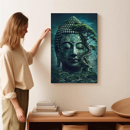 Buddha statue wall art canvas wall decor aesthetic picture mystical nature art for tranquil home and spiritual space 12x18in Wood Framed
