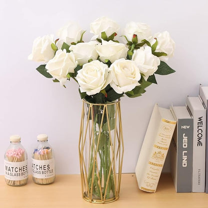 Cloudecor 15Pcs White Roses Artificial Flowers Fake Roses Long Stem Velet Rose Silk Flowers for Home Wedding Decoration (Round Roses,Cream White)