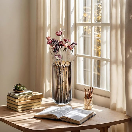 Ekirlin Amber 7.5 inch Flower Vase for Home Decor, Thickened Hand Blow Glass Vase Round Vintage Striped Bottles for Bookshelf,Dinner Table,Indoor Office Desktop,Meeting Room,Bathroom, Best Gift