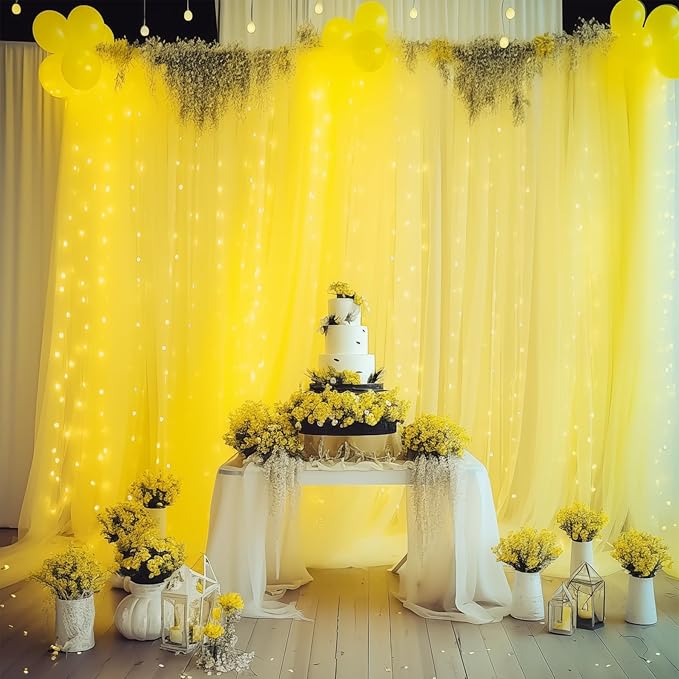 30×10ft Yellow Tulle Backdrop Curtain with Lights String for Parties, Sheer Photo Backdrop Curtains for Wedding Party Photography Background