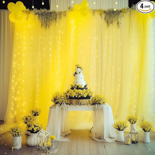 20×10ft Yellow Tulle Backdrop Curtain with Lights String for Parties, Sheer Photo Backdrop Curtains for Wedding Party Photography Background