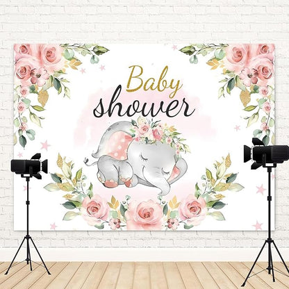9x6ft Elephant Baby Shower Backdrop for Girl Pink Flowers Photography Background Newborn Girls Birthday Banner Decorations Sweet Princess Baby Party Portrait Photo Booth Prop