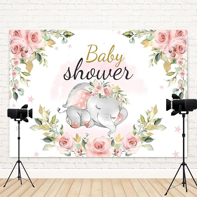 10x6.5ft Elephant Baby Shower Backdrop for Girl Pink Flowers Photography Background Newborn Girls Birthday Banner Decorations Sweet Princess Baby Party Portrait Photo Booth Prop