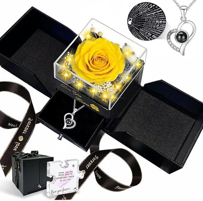 Preserved Real Rose-Eternal Flowers Rose Mothers Day for Mom Women Her Wife Girlfriend on Birthday Valentines with I Love You Necklace 100 Languages Romantic Gift (Yellow)