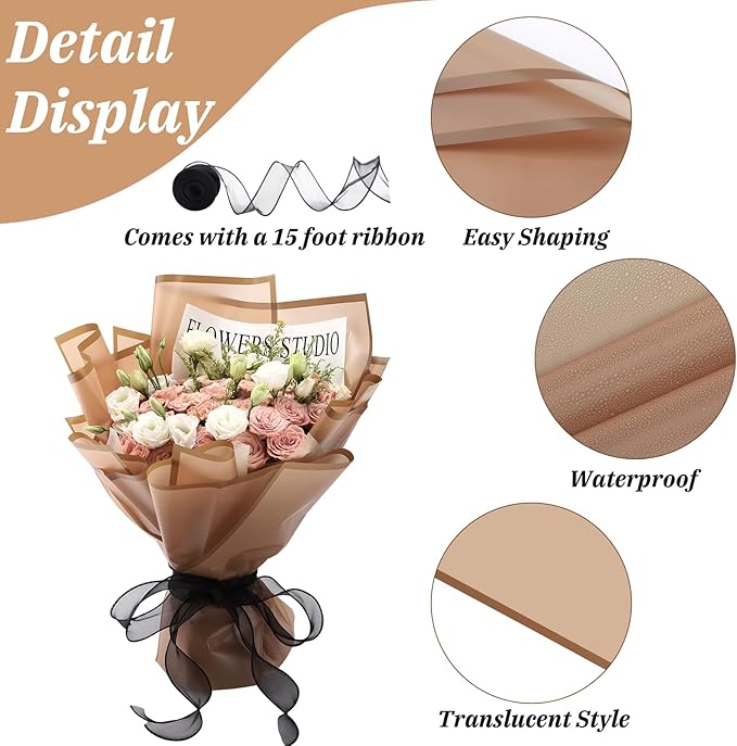 Rumvan Flower Wrapping Paper, 20 Sheets, Waterproof, Floral Bouquet Design, for Wedding, Birthday Gift, DIY Florist Supplies (coffee colour)