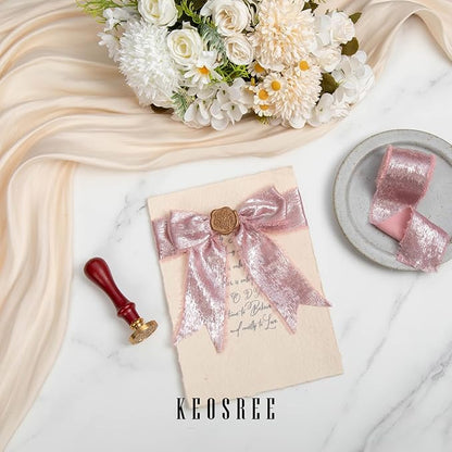Rose Gold Silk Chiffon Ribbon,Pink Frayed Shimmery Silk Ribbon for Bridal Flower Bouquet Christmas Gift Wrapping Wedding Decor Invitations Decorations 1.5" x 15 Yards (5Yards X 3 Rolls)