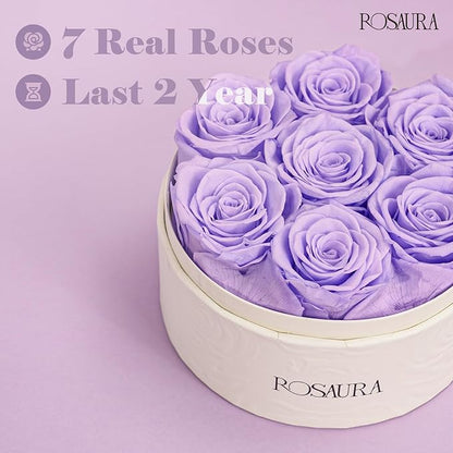 Rosaura Round Preserved Roses Gift Box - Real Forever Flowers for Birthday, Valentine's & Mother's Day (Light Purple, 7 Roses)
