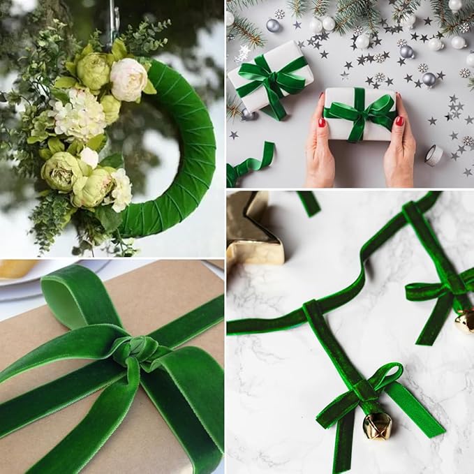 Green Velvet Ribbon - 3/8 Inch x 10 Yards for Gift Wrapping, Crafts, Christmas Decor, Bow Making, Vintage Fabric