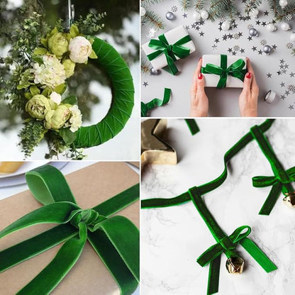 Green Velvet Ribbon - 3/8 Inch x 10 Yards for Gift Wrapping, Crafts, Christmas Decor, Bow Making, Vintage Fabric