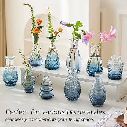 Glass Bud Vase Set of 30 - Small Vases for Flowers in Bulk - Assorted Vintage Crystal Vases for Flowers, Table Centerpieces (Blue, 30 Pcs)