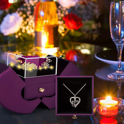 Gifts for Mom from Daughter and Son,Unique Mother Birthday Gift Idea, Preserved Purple Real Roses with I Love You in 100 Languages Mom Necklace, Cool Present to Mother Mama -Purple
