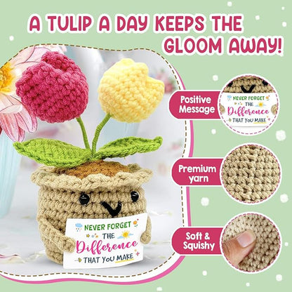 Appreciation Gifts for Coworkers 2025, Positive Crochet Tulips Plants, Inspirational Mentors Nurses Boss Teacher Thank You Gift, Never Forget The Difference You Make Birthday Gifts for Women Men