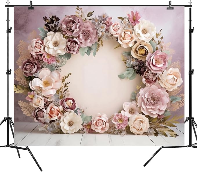 10x6.5ft Wedding Backdrop Purple Pink Floral Theme Photography Background White Flower Garland Green Leaves Bridal Shower Banner Decorations Girls Birthday Party Baby Portrait Photo Booth Prop