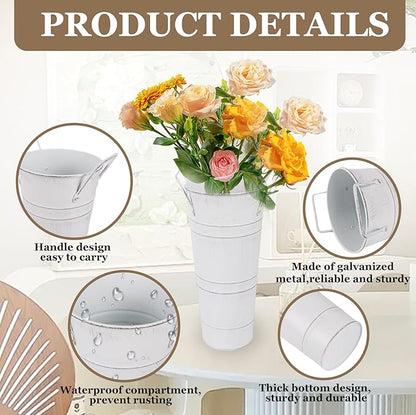 Set of 8 Small Galvanized Metal Vases for Flowers,Small Galvanized Flower Bucket,Metal Flower Vase with Handles for Home Decor and Wedding Table Centerpiece Decorations (White,10'' Height)