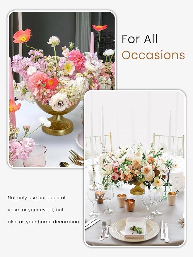 Set of 10 Gold Urn Vases - 6 Inch Vintage Metal Flower Arrangement Compote Vases for Wedding Table Centerpieces, Anniversary Christmas Party Decor (10)