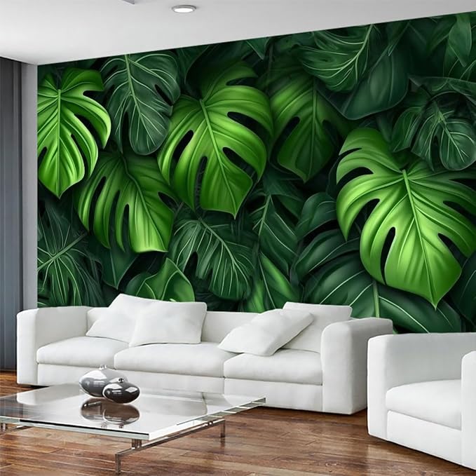 Tropical Green Leaves Background Mural, Large Wall Background Wallpaper, Decorate The Bedroom, Bathroom, Living Room Walls(Non-self-Adhesive)
