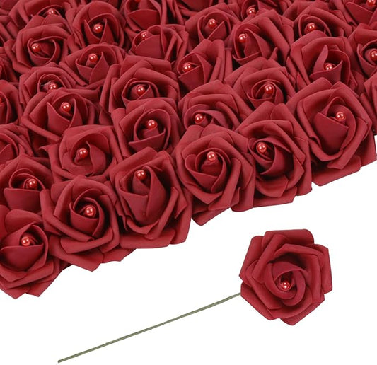 50PCS Foam Roses with Pearls 2.56in Burgundy Roses Artificial Flowers Bulk Foam Flowers with Stem for Wedding, Bridal Shower, Cake, Graduation and Home Decor(Burgundy)