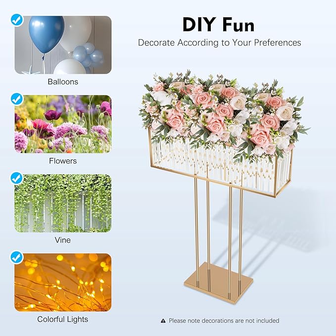 Crystal Wedding Flower Stand,Wedding Gold Vases Centerpieces,Squre Gold Flower Holders Floral Display Rack for Tables